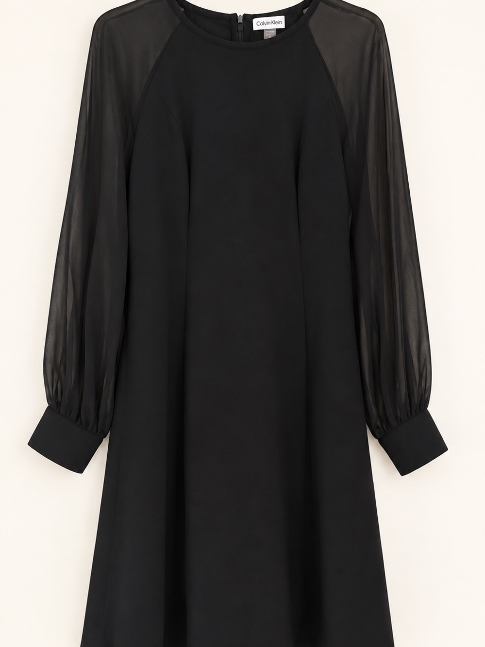 Calvin Klein Black Midi Dress with Sheer Bishop Sleeves